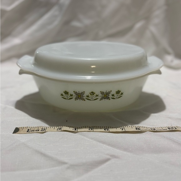 Fire King White Casserole Dish with Green Floral Design - Picture 1 of 6